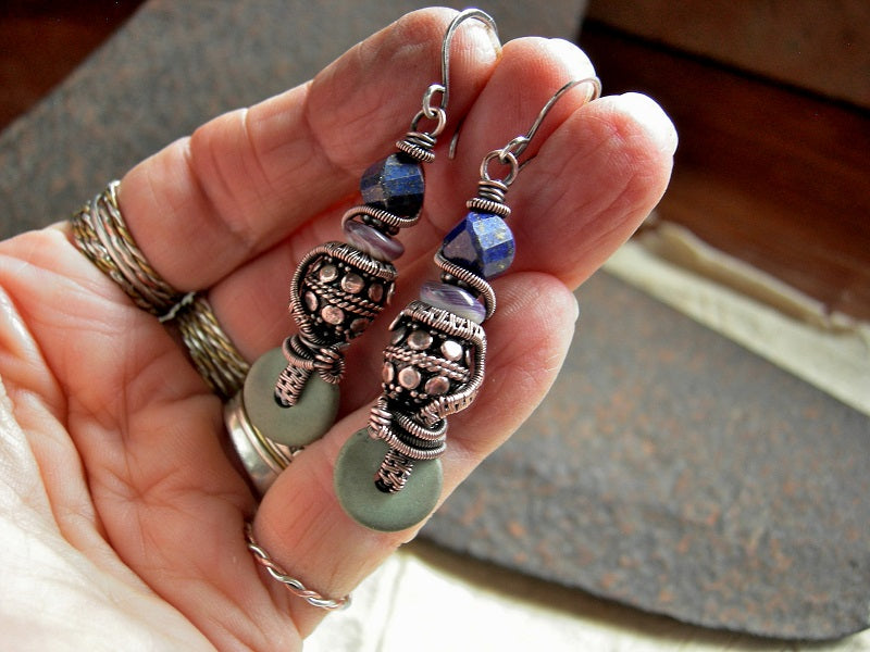 Earthy Blue, Copper Wire Wrap Earrings, Lapis, Wampum Shell, Ceramic