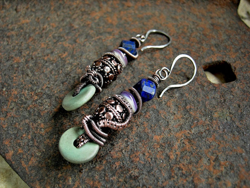 Earthy Blue, Copper Wire Wrap Earrings, Lapis, Wampum Shell, Ceramic