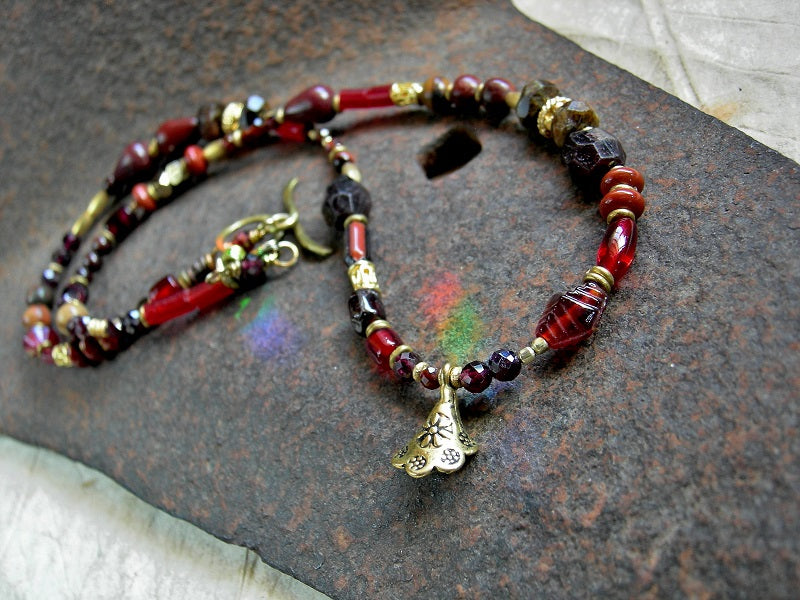 Fire & Wine Triple Wrap Bracelet/Necklace, Garnet, Jasper, 24kt Gold