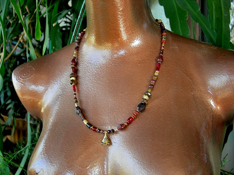 Fire & Wine Triple Wrap Bracelet/Necklace, Garnet, Jasper, 24kt Gold