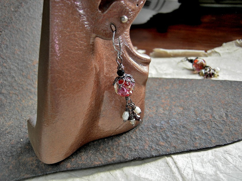 Red Wedding Earrings, Venetian Glass, Pearl, Citrine, Burgundy Crystal