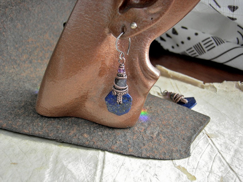 Twilight Hour Earrings, Copper Wrap, Deep Blue Lapis, Iolite & Amethyst