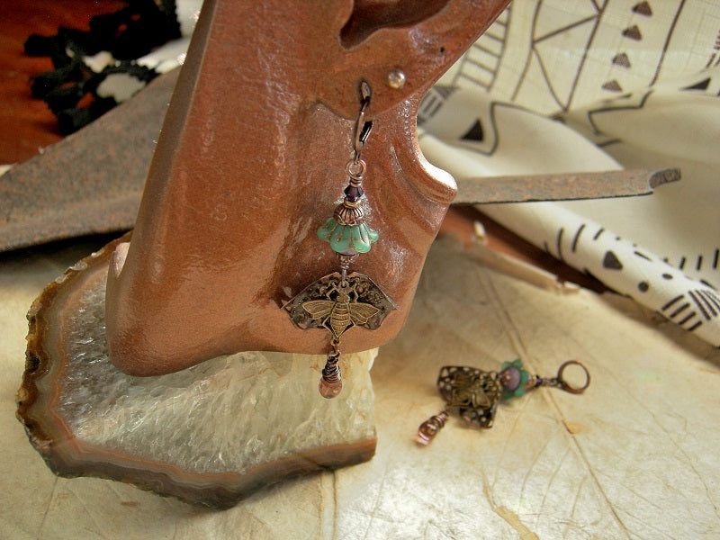 Bees in the Lavender Earrings, Art Nouveau Style, Purple, Green