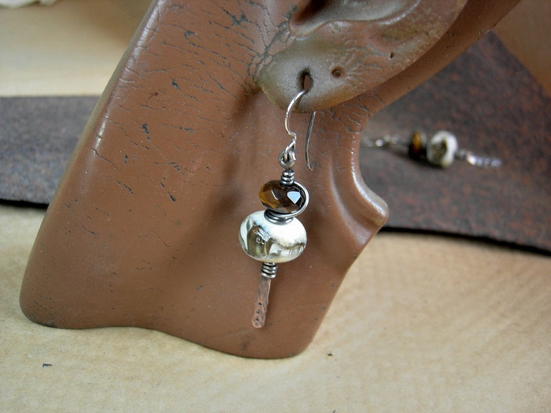 Lampwork glass & gemstone earrings. Handmade glass beads & tiger eye set on hammered copper sticks.