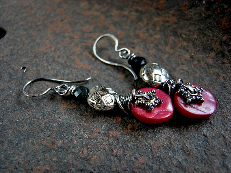 Boho luxe bead stack earrings with dramatic red coral & black obsidian. Sterling wire wrap & textural silver details.