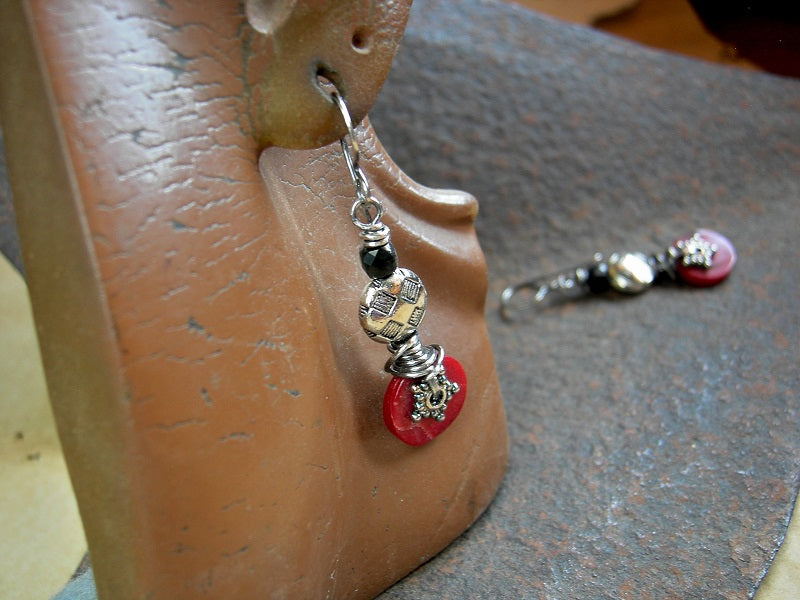 Dramatic red coral & black obsidian earrings, with sterling wire wrap & textural silver details.
