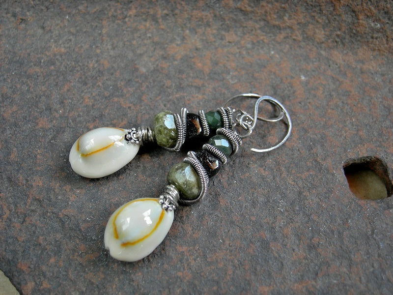 Boho shell earrings with green & black gemstone & oxidized sterling wire wrap & ear wires.