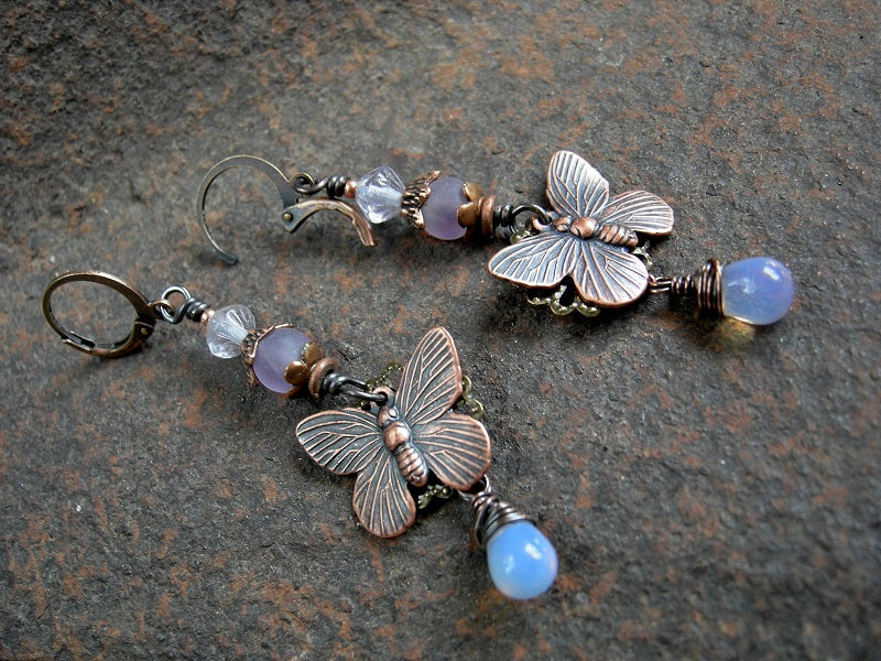 Copper butterfly earrings with frosted amethyst, pale violet vintage glass beads & opal glass teardrops.