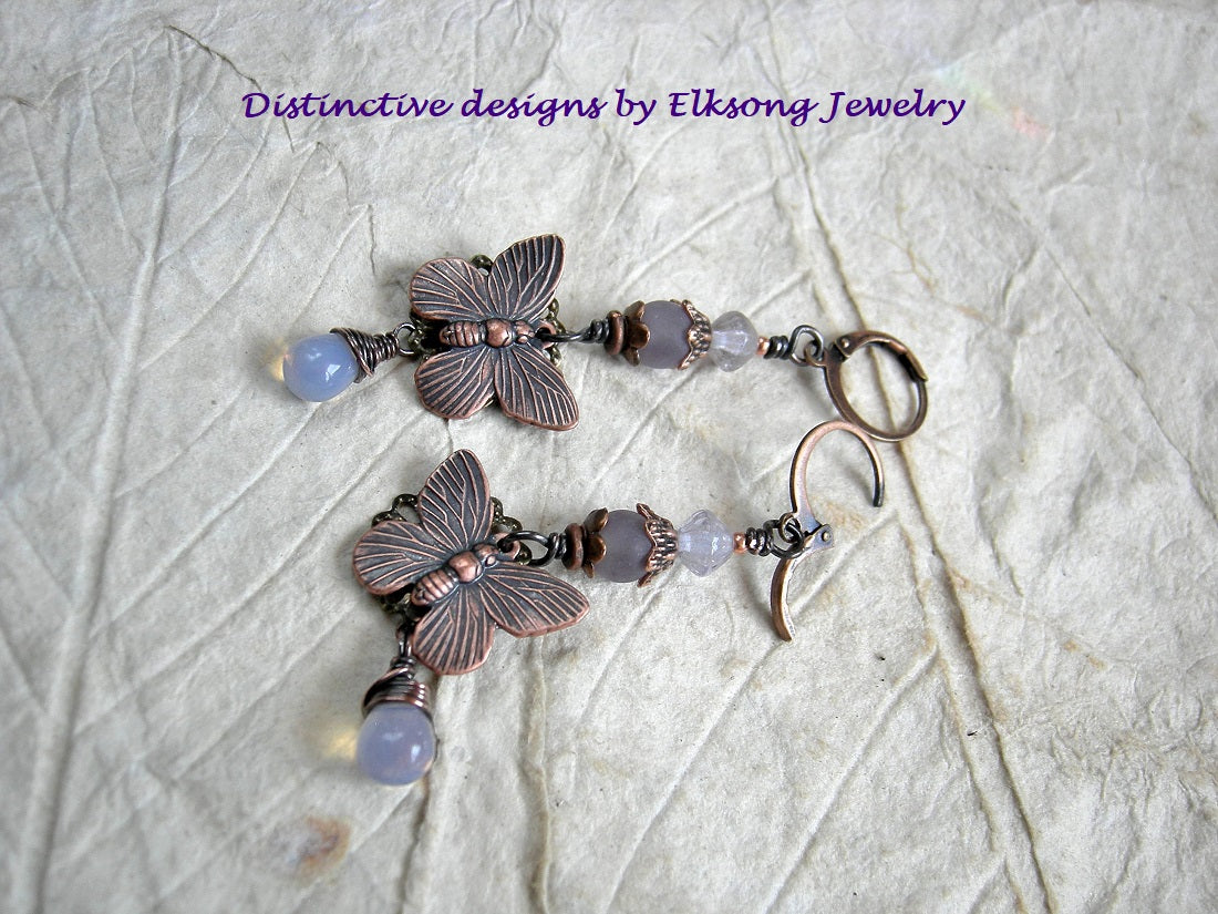 Pale lilac & copper butterfly earrings with frosted amethyst, vintage glass beads & opal glass teardrops.