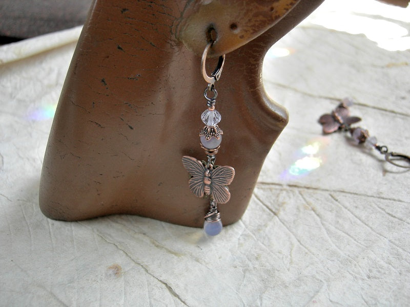 Pale lilac & copper butterfly earrings with frosted amethyst, vintage glass beads & opal glass teardrops.