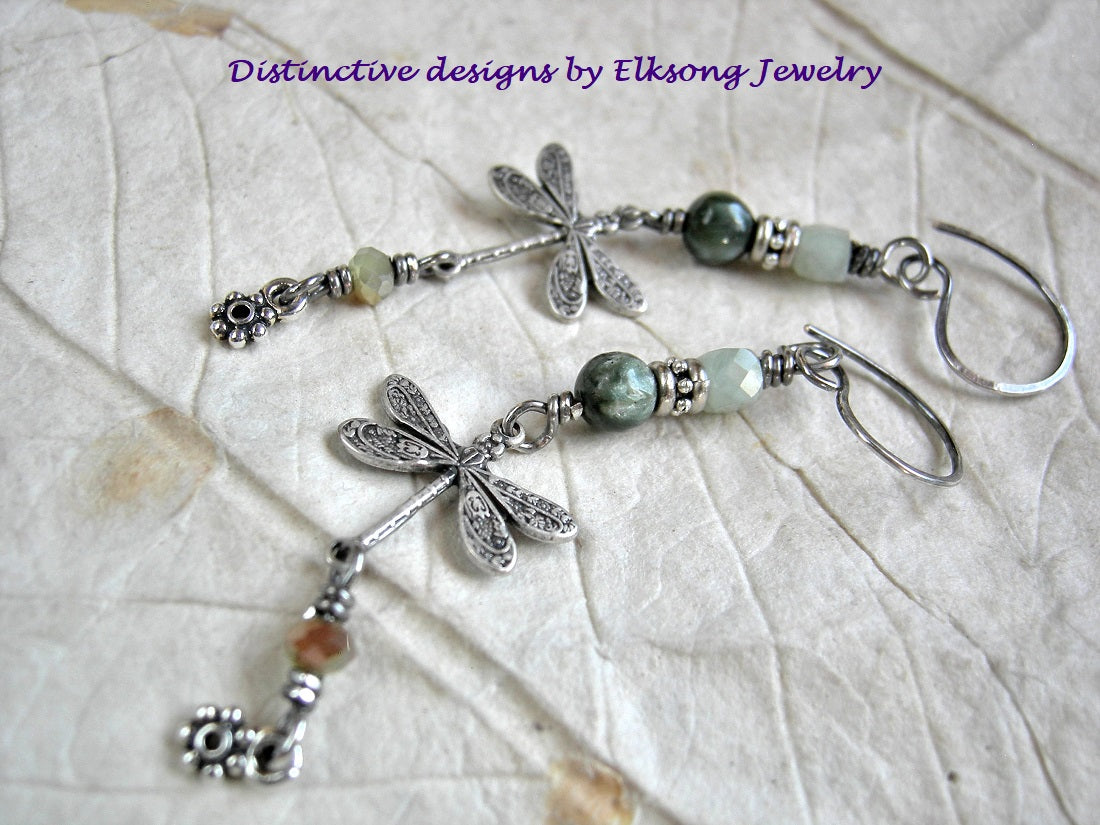 Misty green & silver dragonfly earrings with smooth & faceted gemstone and crystal beads, handmade sterling ear wires.