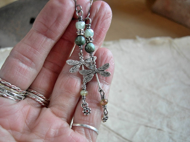 Boho elegant green & silver dragonfly earrings with smooth & faceted gemstone and crystal beads, handmade sterling ear wires.