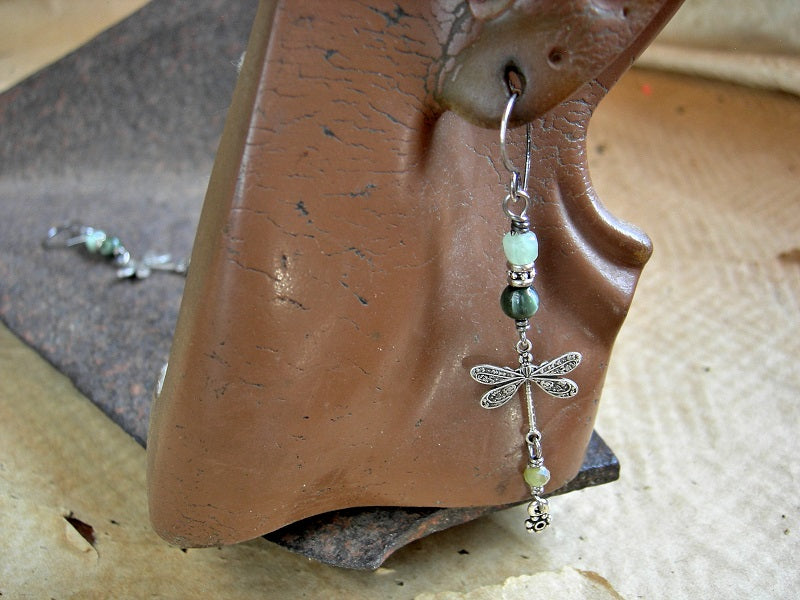 Misty green & silver dragonfly earrings with smooth & faceted gemstone and crystal beads, handmade sterling ear wires.