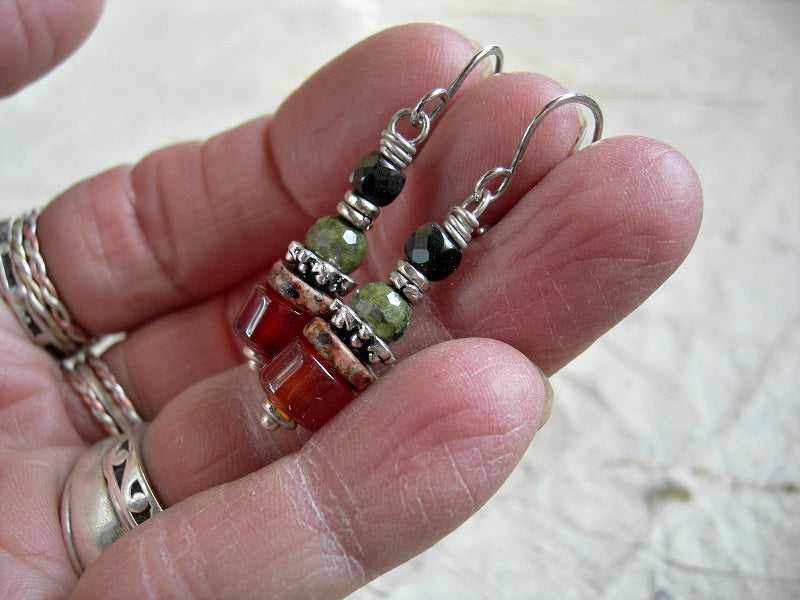 Colorful natural gemstone & silver earrings with carnelian, ceramic, epidote & obsidian. Handmade sterling ear wires.