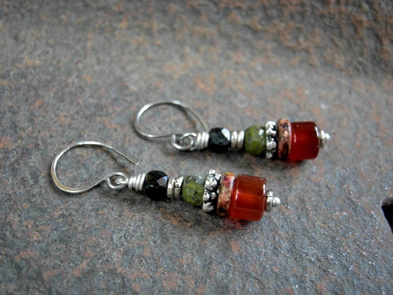 Minimal gemstone & silver bead stack earrings with carnelian, ceramic, epidote & obsidian. Handmade sterling ear wires.