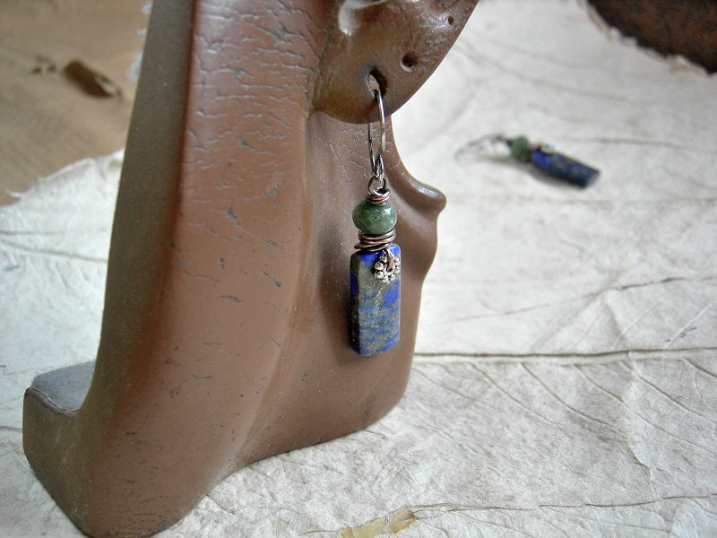 Blue lapis stone tab earrings with faceted green aventurine rondelles, silver daisy facers & oxidized copper wire wrap.