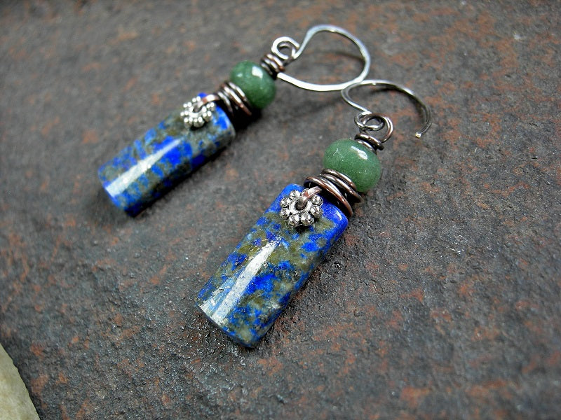 Boho luxe stone tab earrings of blue lapis, with faceted green aventurine rondelles, silver daisy facers & oxidized copper wire wrap.