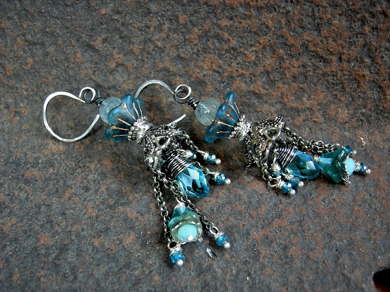 Crystal, gemstone & flower chandelier earrings with aqua glass flowers, faceted aquamarine & crystal rondelles & tear drops.