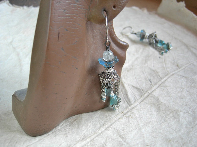 Blue Skies crystal, gemstone & flower chandelier earrings with glass flowers, faceted aquamarine & crystal rondelles & tear drops.