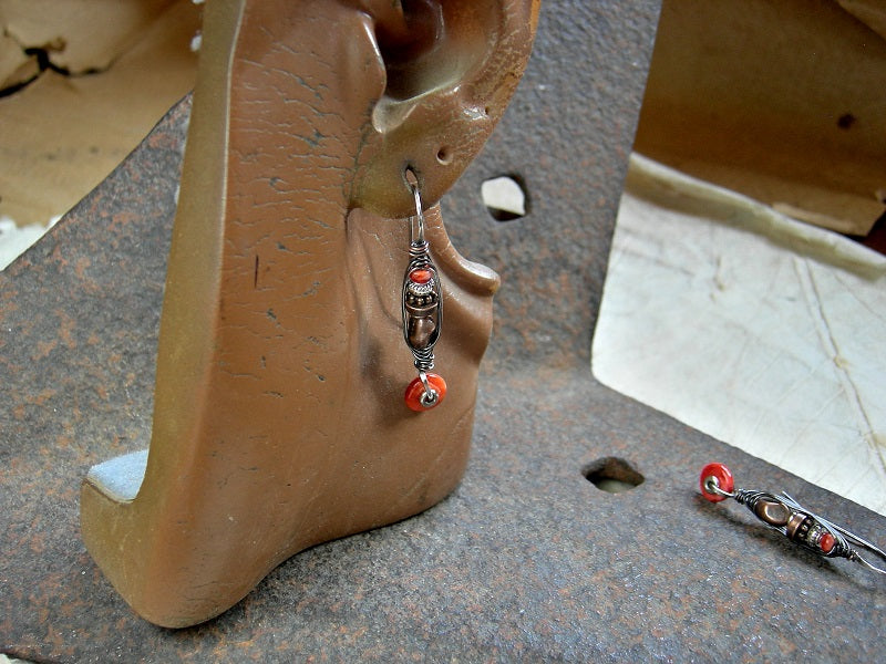 Red spiny oyster shell, copper & silver earrings, wrapped hook style with copper wire wrap.