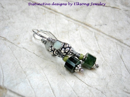 Elegant Elven green wire wrapped ear hooks with dark & light faceted jade & sterling wire wrap. 