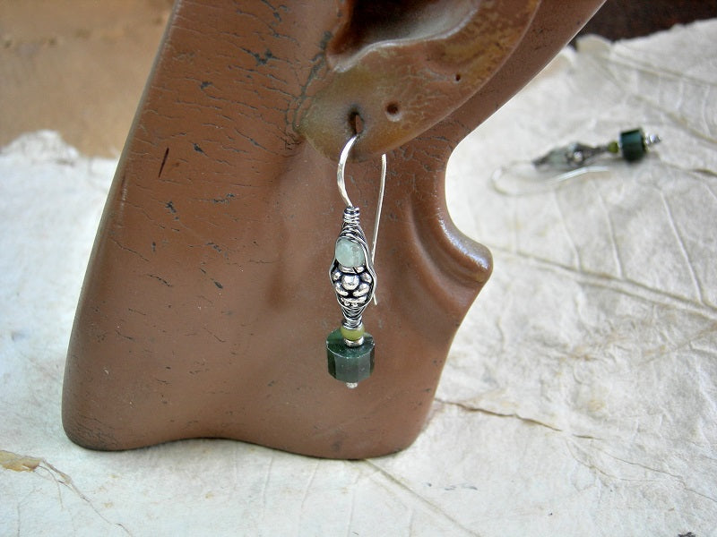 Elegant Elven green wire wrapped hook earrings with dark & light faceted jade & sterling wire wrap. 