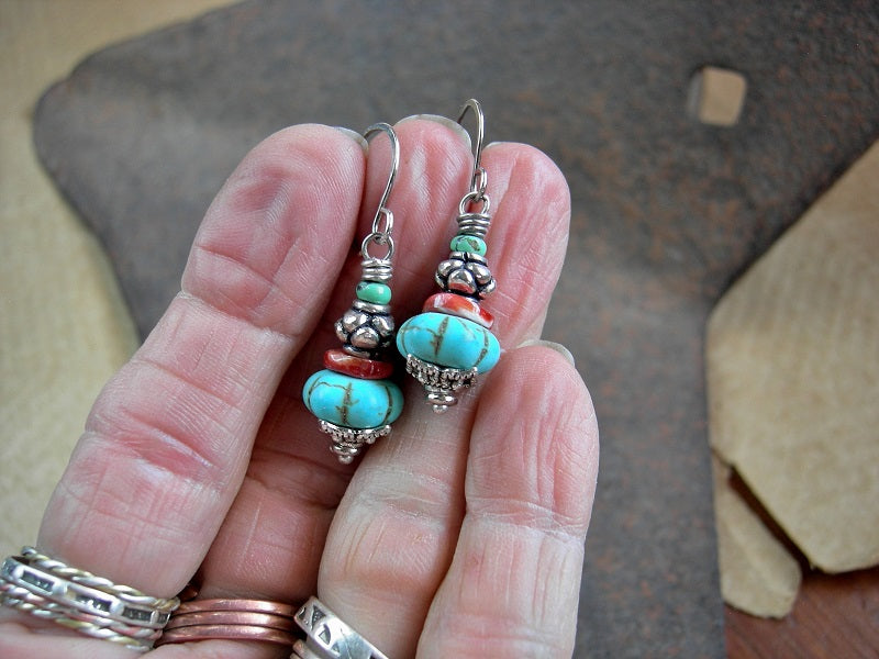 Gem stack earrings with Santa Fe color turquoise, spiny oyster & magnesite beads, silver details.