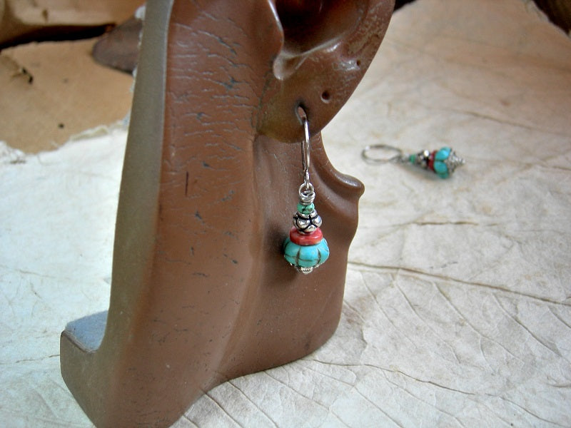 Gem stack earrings with Santa Fe color turquoise, spiny oyster & magnesite beads, silver details.
