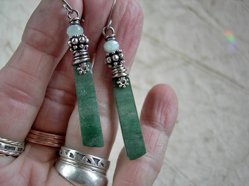 Hand cut stone tab earrings of green aventurine with green moonstone, silver Bali style beads & sterling wire wrap.
