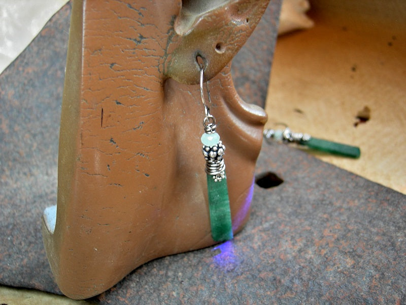Mossy green earrings of hand cut aventurine with green moonstone, silver Bali style beads & sterling wire wrap.