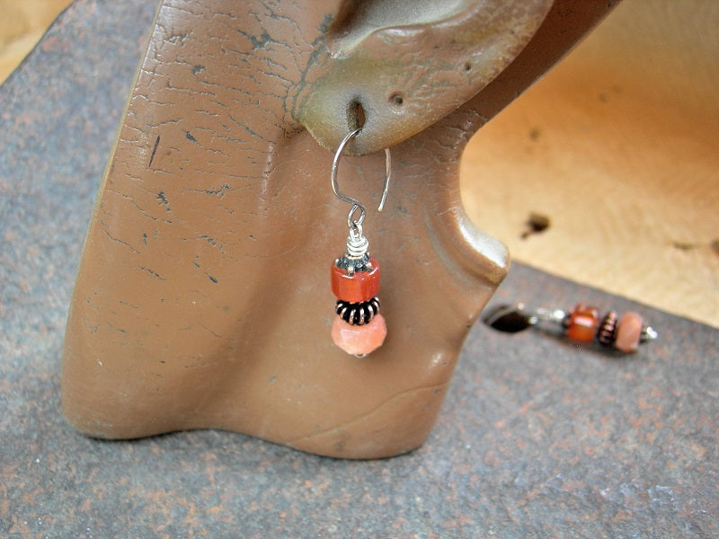 Simple gem drop earrings with orange gemstone beads, mixed copper & silver, handmade sterling ear wires.