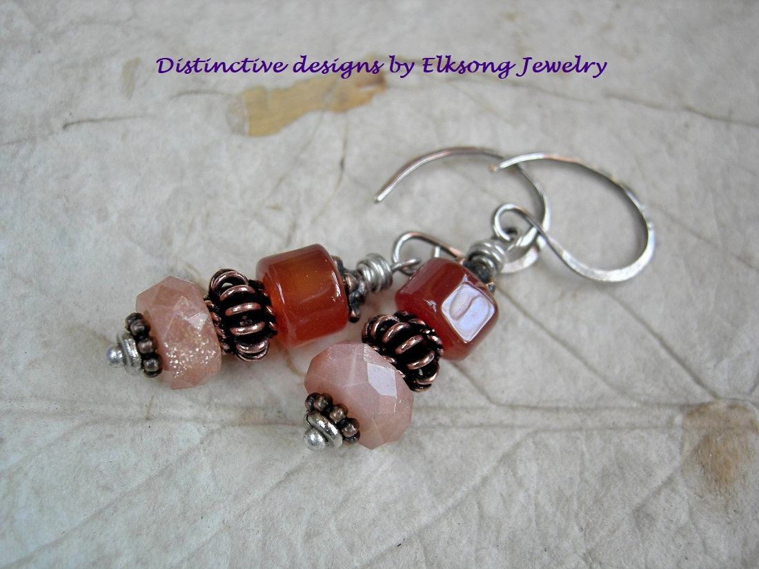 Simple gem drop earrings with orange gemstone beads, mixed copper & silver, handmade sterling ear wires.