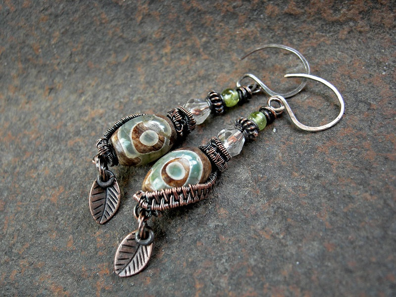Elvish green agate earrings with faceted quartz crystal, peridot & copper wire wrap.