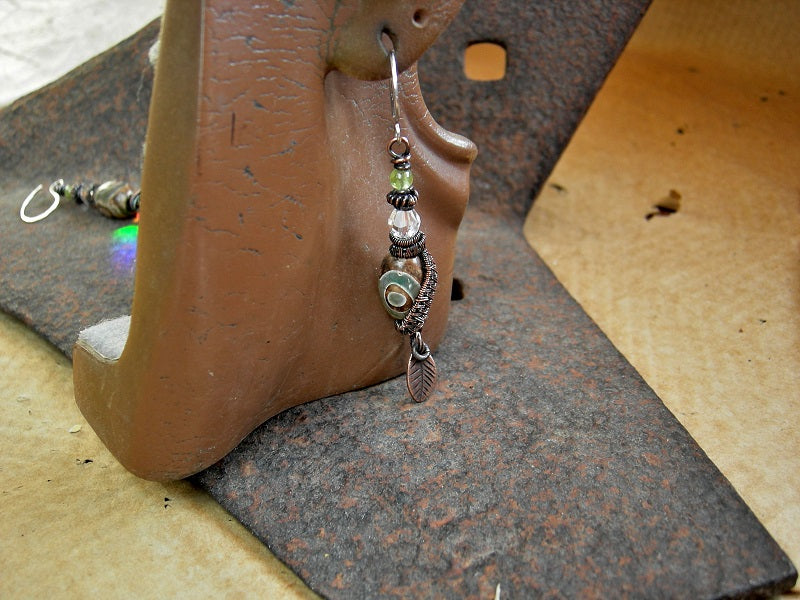 Etched agate earrings with faceted quartz crystal, peridot & copper wire wrap.