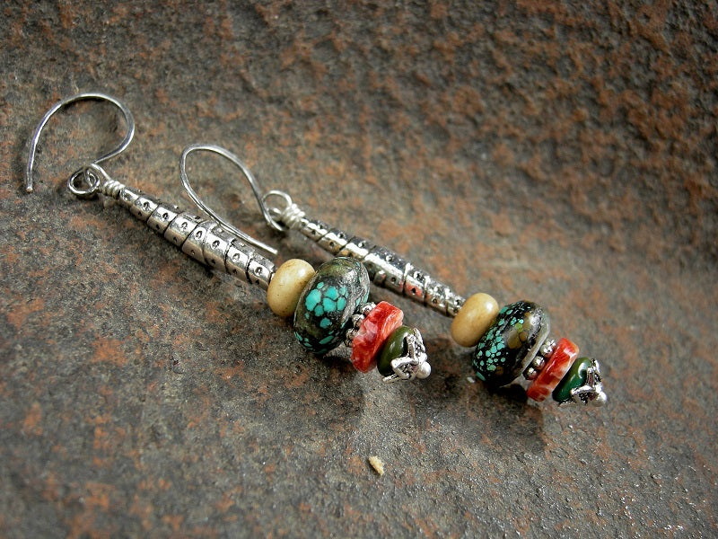 Elegant boho gem stack earrings with Thai style beads & caps, natural turquoise, bone & spiny oyster shell.