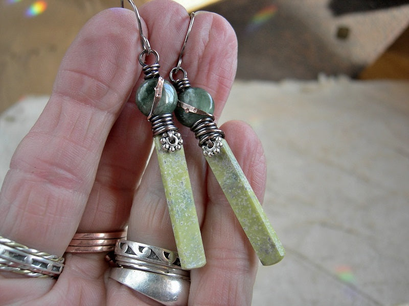 Earthy boho earrings, hand cut noble serpentine & Alaskan jade, copper wire wrap.