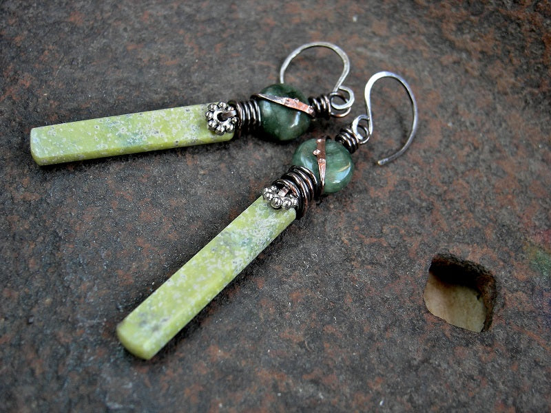 Shades of green, hand cut serpentine tab & jade lentil bead earrings.