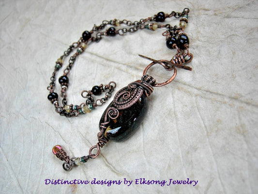 Dark Honey necklace, handmade lampwork glass focal, pale gold citrine & black amber. Copper wire wrap & front facing toggle clasp. 