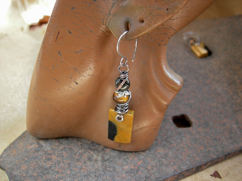 Black & tan natural buffalo jasper tab earrings with tiger eye & black tourmaline. 