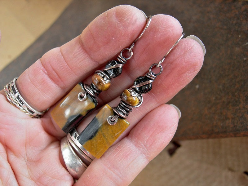 Boho elegant natural buffalo jasper tab earrings with tiger eye & black tourmaline.