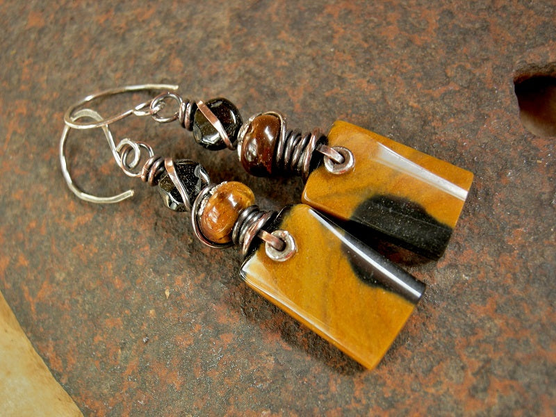 Buffalo jasper tab earrings with copper wire wrap, tiger eye & black tourmaline.