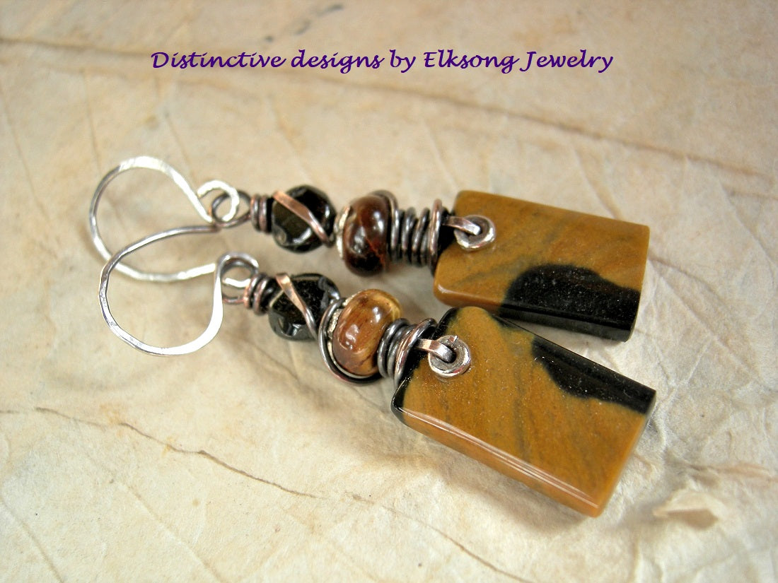 Black & tan natural buffalo jasper tab earrings with tiger eye & black tourmaline.
