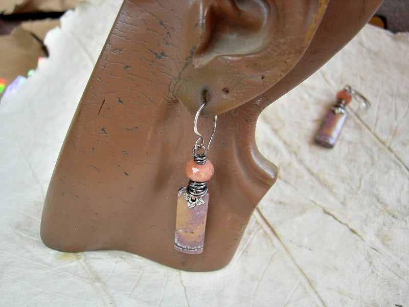 Adobe Sands earrings, hand cut Mexican rhyolite stone tabs in soft pink orange & brick, faceted sunstone & copper wire wrap.