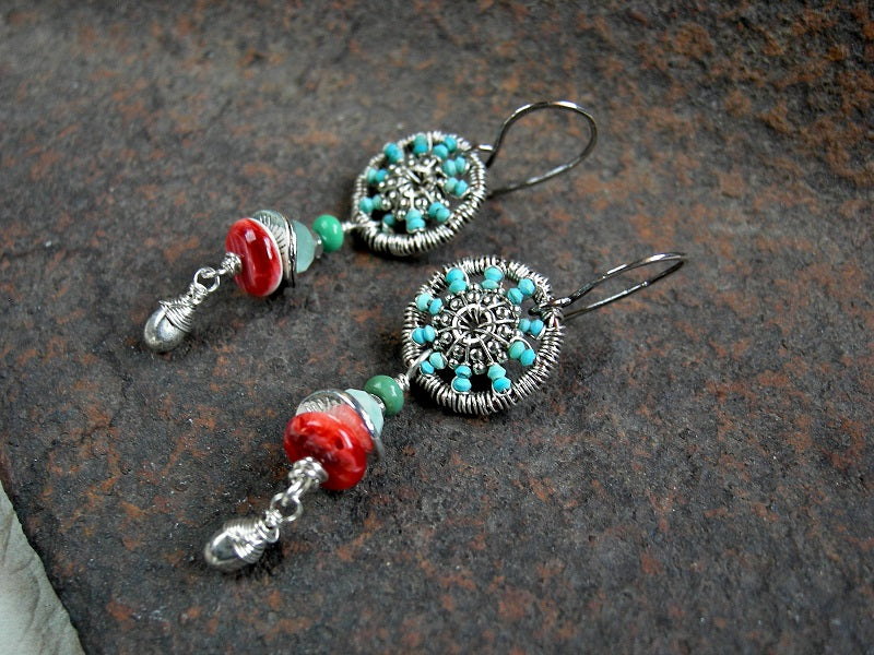 Mandala style earrings, woven sterling wire wrap & genuine tiny turquoise beads, green moonstone & spiny oyster shell. 