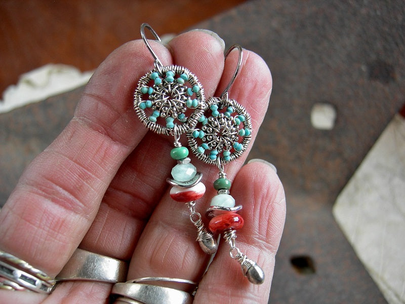 Boho luxe sterling wire wrap & genuine turquoise earrings, with green moonstone & spiny oyster shell. 