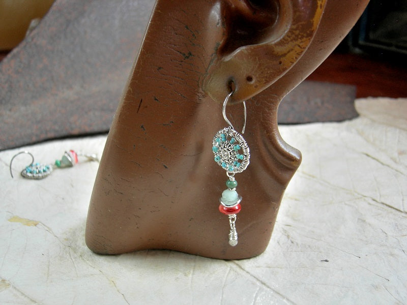 Dreamcatcher mandala earrings, woven sterling wire wrap & genuine tiny turquoise beads, green moonstone & spiny oyster shell. 