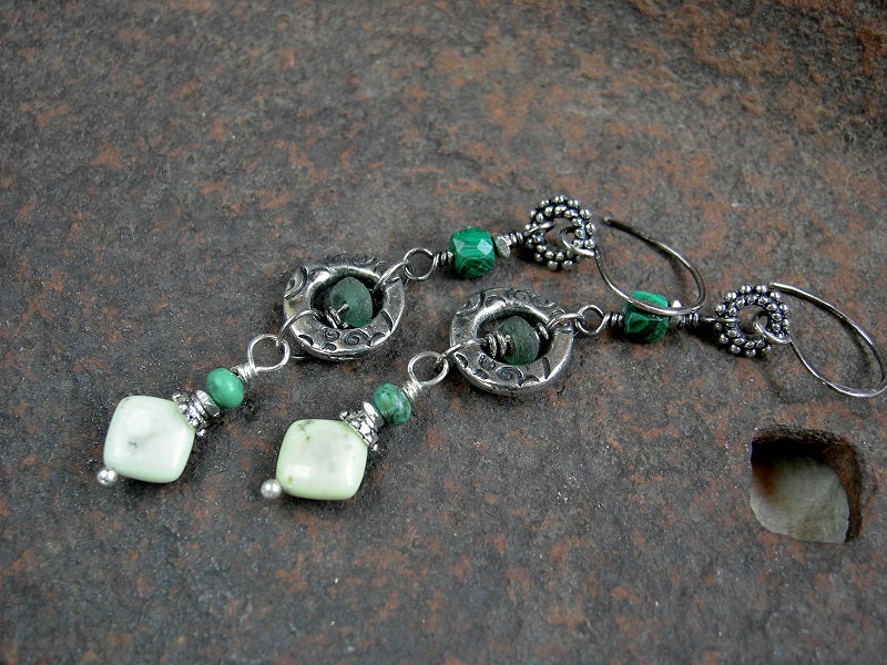 Green long drop earrings with malachite, turquoise, variscite & ancient Roman glass. Sterling ear wires.