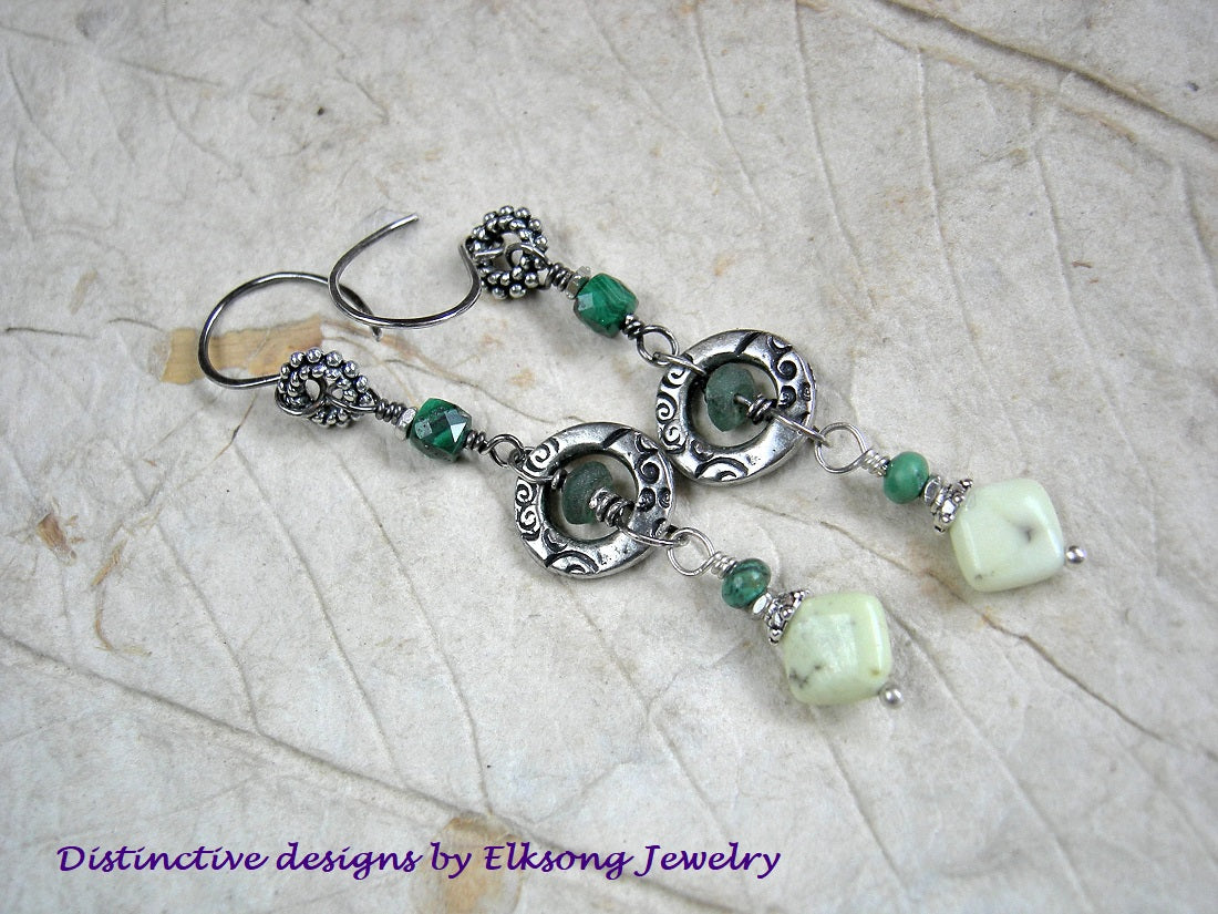 Green Fields earrings with green gemstone beads, silver & ancient Roman glass discs.