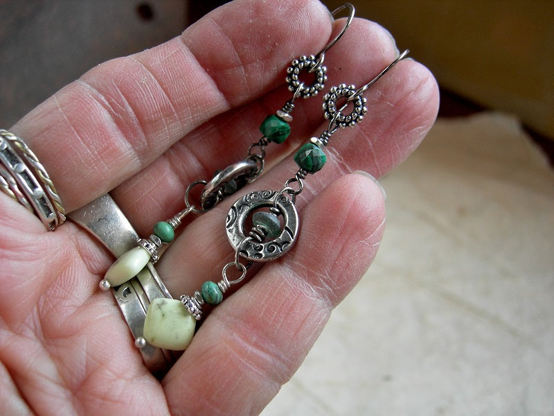 Boho zen long drop earrings with green gemstone & ancient Roman glass beads, silver details.