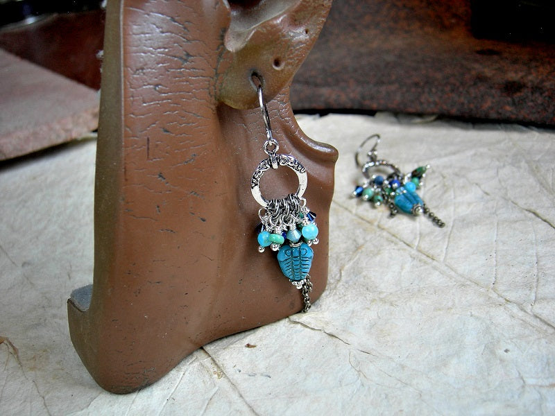 Deep Sea trilobite earrings, clusters of Swarovski crystal, faceted lapis, genuine turquoise & sterling chain falls.